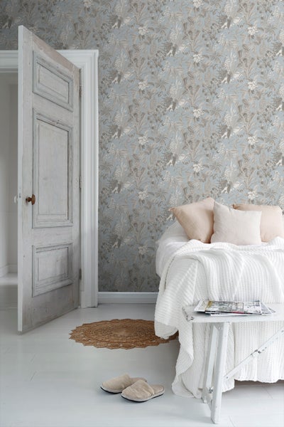 Sanders und Sanders Tapete tropische Blätter und Blüten Graublau - 53 cm x 10 m - 640243