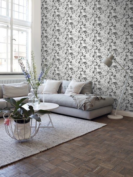 ESTAhome Tapete Blumen Schwarz und Weiß - 53 cm x 10.05 m - 138503