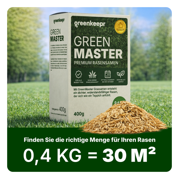 Greenkeeper Green Master Premium Rasensamen 400 Gramm Packung für 30 Quadratmeter Rasenfläche zur Aussaat von Mai bis Oktober