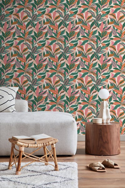 ESTAhome Tapete tropische Blätter Türkis, Rosa und Orange - 50 x 900 cm - 131044