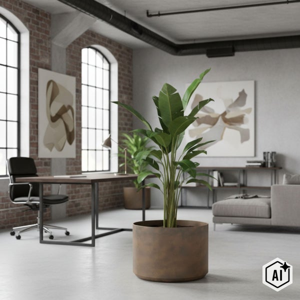 Großer runder Pflanzkübel mit Zimmerpflanze in einem modernen Büro im Loft-Stil mit Ziegelwänden, Schreibtisch und großen Fenstern.