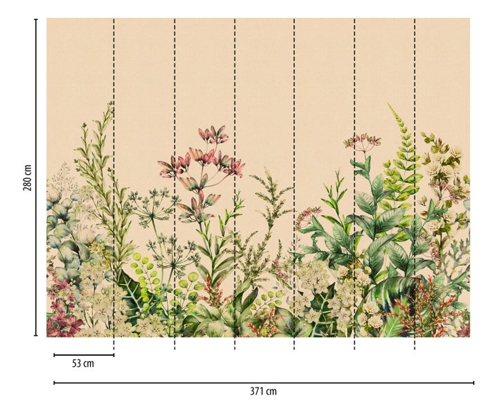 Tapetenwand mit Blumenmuster, Abmessungen 371 x 280 cm