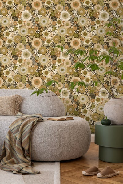 ESTAhome Tapete Retro Blumen Olivgrün und Orangebraun - 50 x 900 cm - 131317