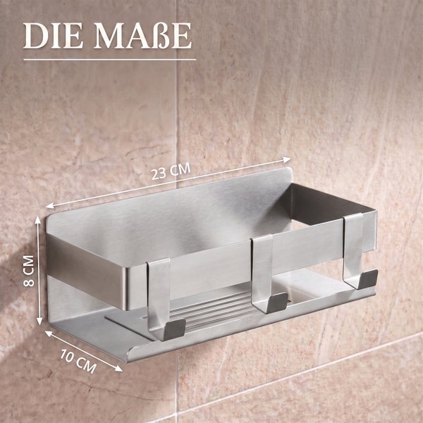 Duschablage aus Edelstahl mit drei Haken. Maße: Breite 23 Zentimeter, Höhe 8 Zentimeter, Tiefe 10 Zentimeter.