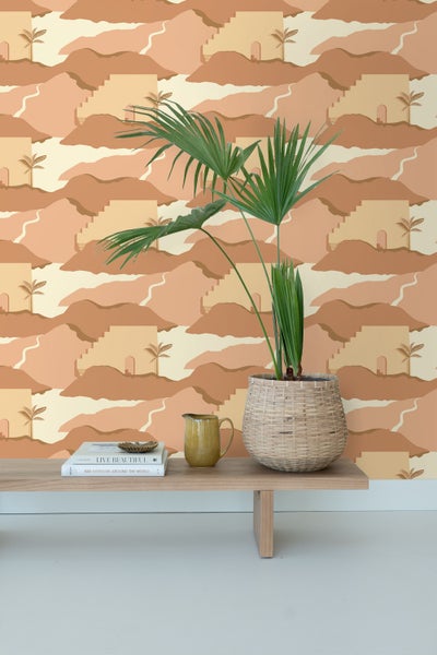 ESTAhome Tapete Mediterrane Häuser Beige und Terrakottarosa - 50 x 900 cm - 139625