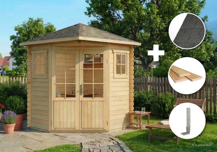 Fünfeckiges Gartenhaus aus Holz mit Doppeltür, zwei Fenstern, Dachschindeln, Fußboden und Montageanker im Garten.