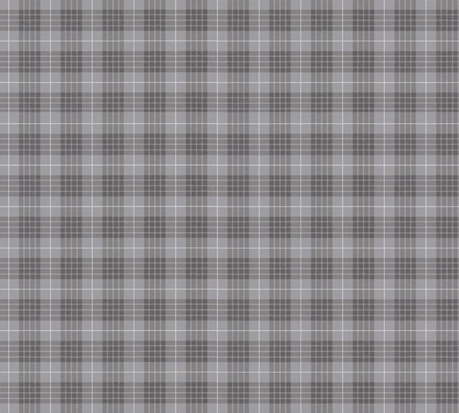 Schreibtischszene mit karierter Tapete, Lampe, Uhr, Stiften und Notizblock