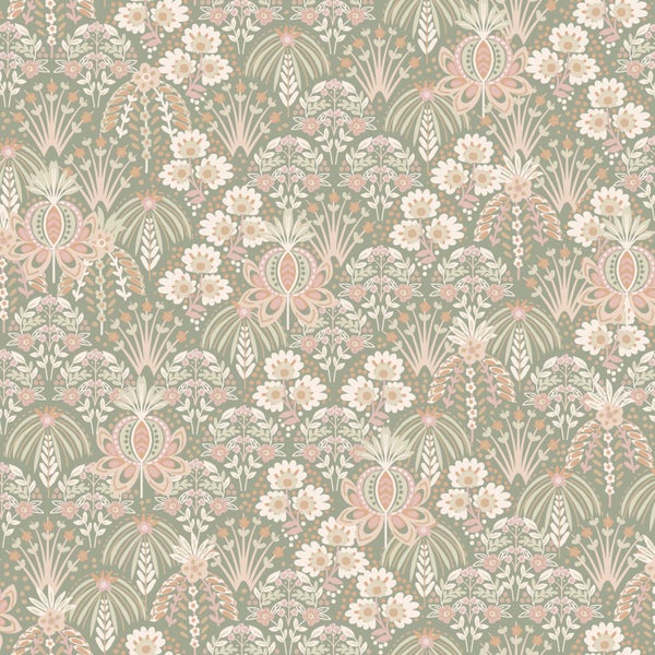 ESTAhome Tapete Blumenmuster im Jugendstil Hell Graugrün - 50 x 900 cm - 130969