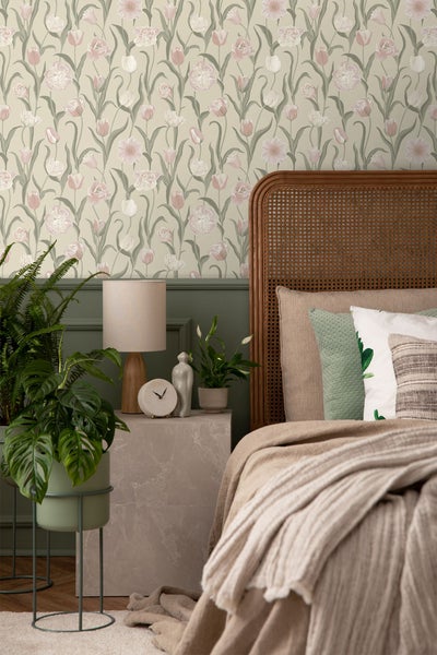 Borastapeter Tapete Blumen Rosa, Grün und Beige - 53 cm x 10.05 m - 662685
