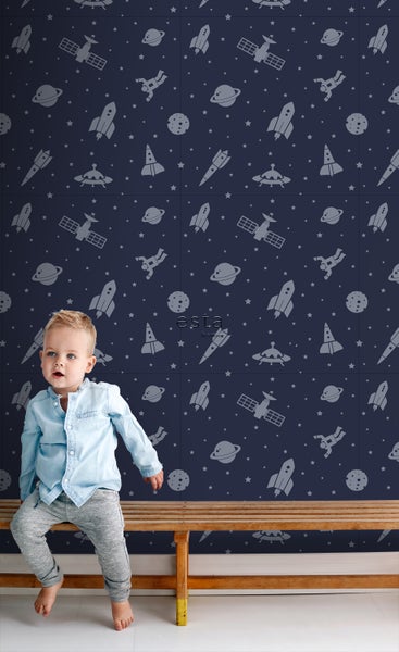 Tapete mit Weltraummotiv, einschließlich Raketen, Planeten und Astronauten