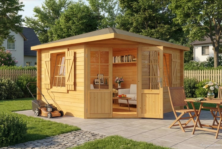 Holzgartenhaus als Eckmodell mit Fenstern und Doppeltür im Garten mit Rasen, Rasenmäher und Sitzgruppe auf Terrasse.