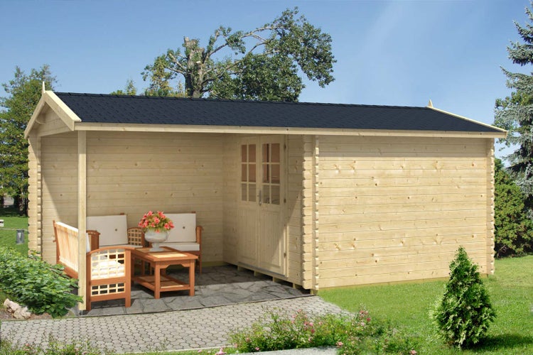Alpholz Gartenhaus Max-44 ISO Gartenhaus aus Holz, Holzhaus mit 44 mm Wandstärke inklusive Terrasse, Blockbohlenhaus mit Montagematerial, Naturbelassen 6x3,1m