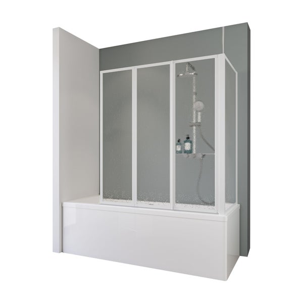 Badewannenaufsatz mit drei Elementen und einer Duscharmatur an einer weißen Badewanne.