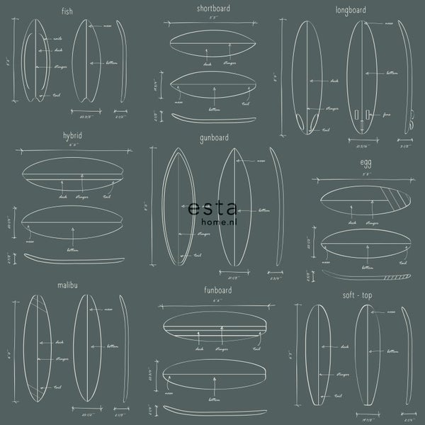 ESTAhome Tapete technische Zeichnungen von Surfbrettern Graugrün - 53 cm x 10.05 m - 128870