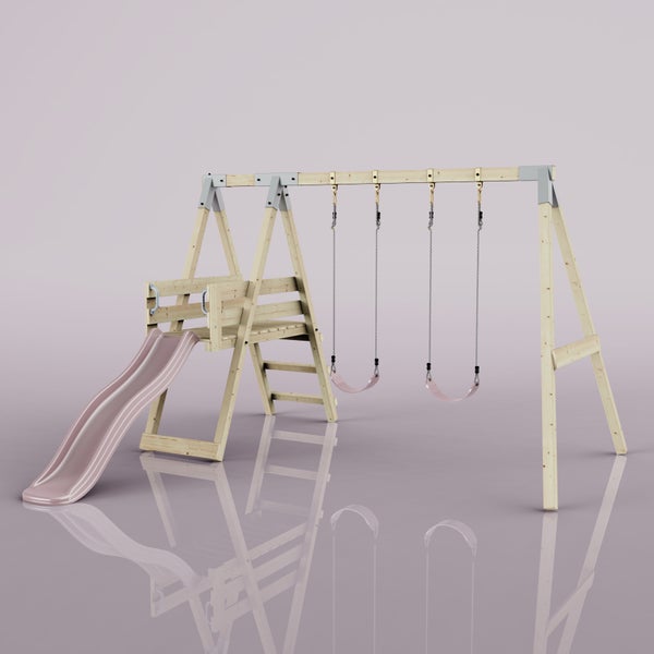 Spielturm aus Holz mit zwei Schaukeln, einer Plattform mit Leiter und einer Wellenrutsche.