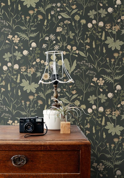 ESTAhome Tapete Feldblumen Dunkelgrün - 50 x 900 cm - 139843