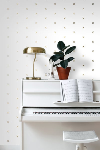 ESTAhome Tapete grafisches Motiv Weiß und Gold - 53 cm x 10.05 m - 139129
