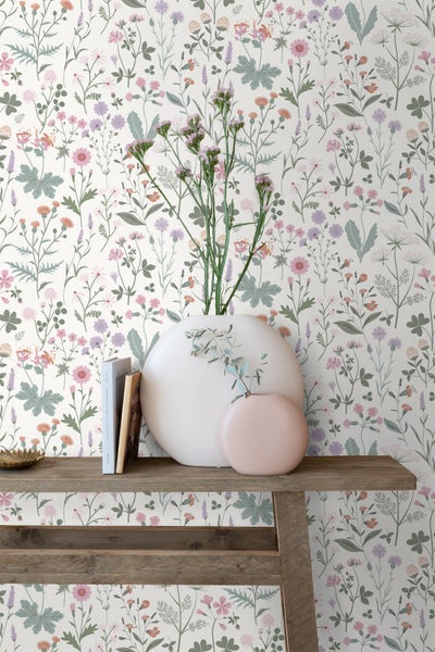 ESTAhome Tapete Feldblumen Violett, Rosa und Grün - 53 cm x 10.05 m - 139482