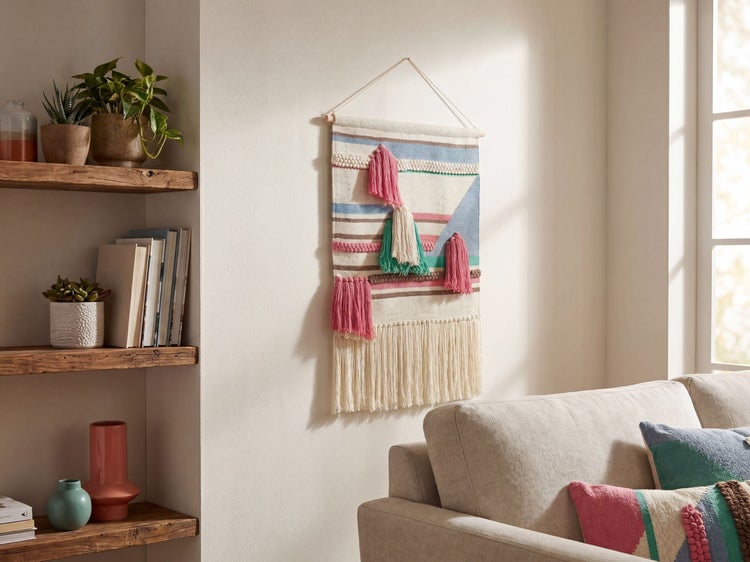 Handgewebter Wandbehang mit bunten Quasten und Fransen an einer Holzstange, platziert in einem hellen Wohnzimmer neben einem Holzregal.