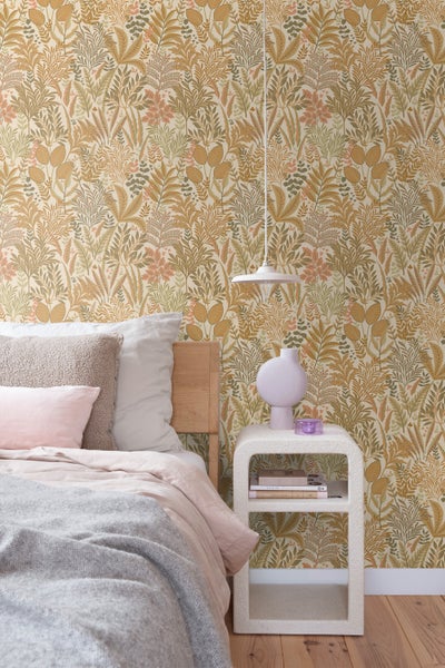 ESTAhome Tapete tropische Blätter und Blüten Terrakotta und Beige - 50 x 900 cm - 131662