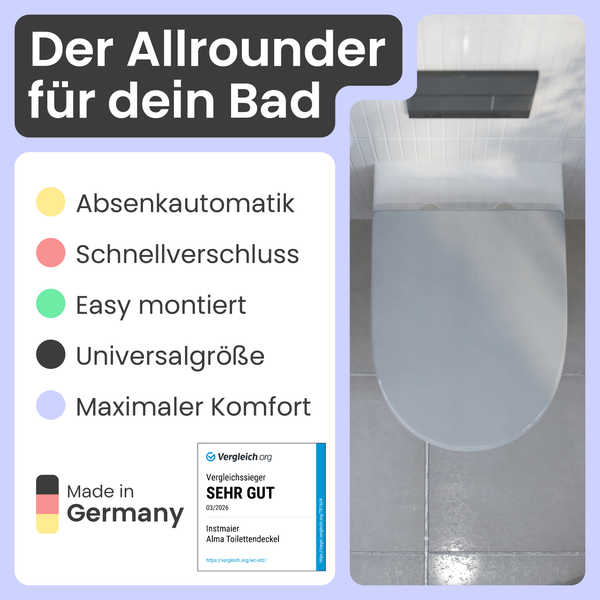 Toilettendeckel mit Absenkautomatik, Schnellverschluss und Universalgröße. Siegel Made in Germany und Vergleichssieger Sehr Gut von Vergleich.org.