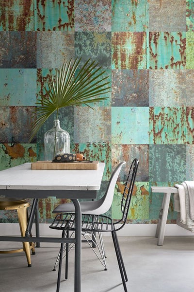ESTAhome XXL-Vliestapete Patchwork rostige verwitterte Metallplatten Meeresgrün und Braun - 50 x 900 cm - 158203