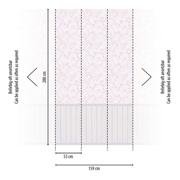 Technische Zeichnung einer Tapetenbahn mit Blumendesign, Breite 53 Zentimeter, Gesamthöhe 280 Zentimeter, beliebig oft ansetzbar.