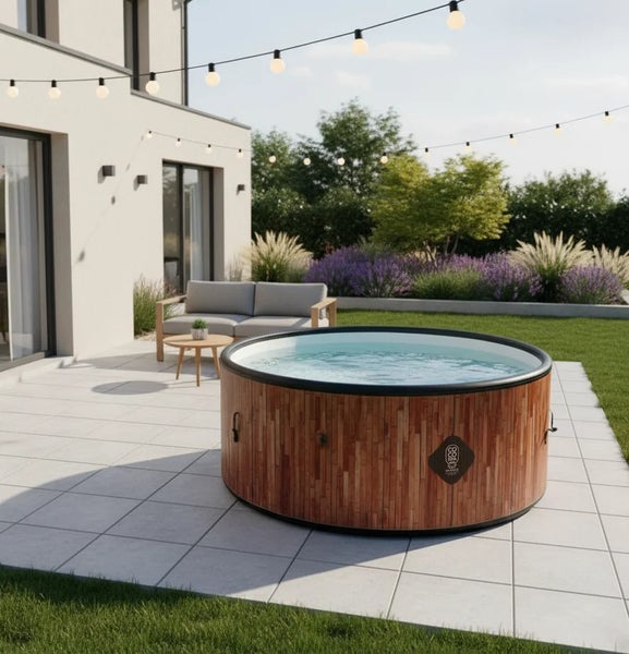 Runder Whirlpool in Holzoptik auf einer Terrasse im Garten mit Gartenmöbeln und Lichterkette.