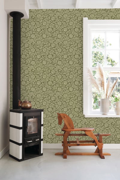ESTAhome Tapete Blumenmuster Olivgrün - 50 x 900 cm - 131514