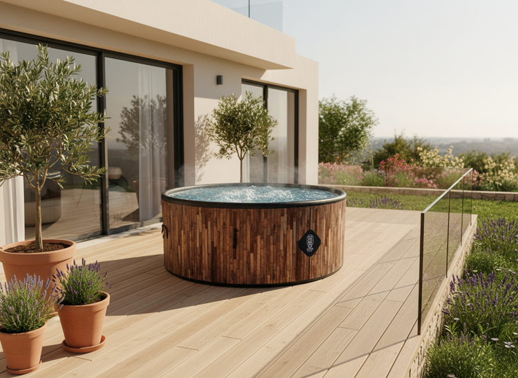 Runder Whirlpool in Holzoptik auf einer modernen, hellen Holzterrasse. Die Szene umfasst Lavendel, einen Olivenbaum und ein Glasgeländer.