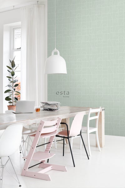 ESTAhome Tapete Art Decó Muster Mintgrün und Weiß - 53 cm x 10.05 m - 139209