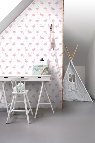 ESTAhome Tapete Flamingos Rosa und Weiß - 53 cm x 10.05 m - 138992