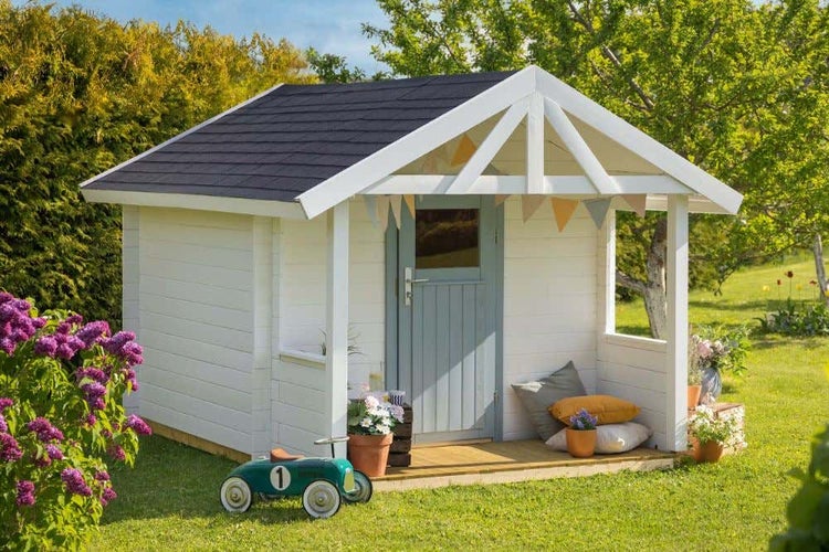 Polhus Alpholz Spielhaus Siri Kinderspielhaus aus Holz, Kinderhaus mit 28 mm Wandstärke Holzhaus Kinder, Naturbelassen 3x2,1m
