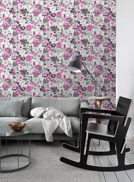 ESTAhome Tapete Blumen Rosa und Schwarz - 53 cm x 10.05 m - 138504