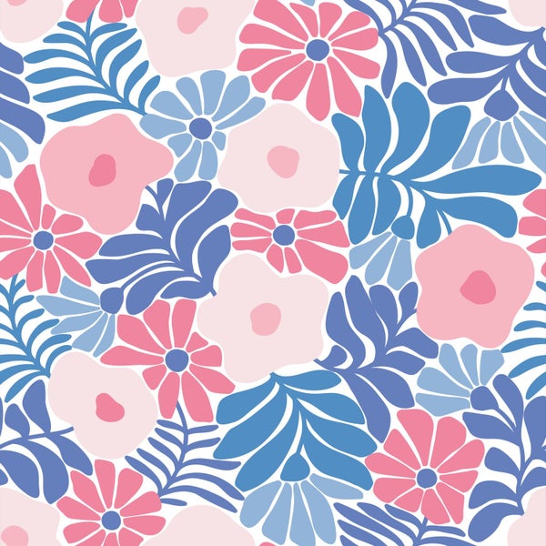 ESTAhome Tapete Blumen im Matisse-Stil Blau und Rosa - 50 x 900 cm - 131006