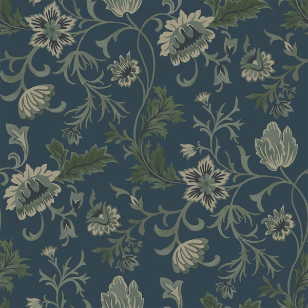 ESTAhome Tapete Blumenmuster Dunkelblau und Grün - 53 cm x 10.05 m - 139416