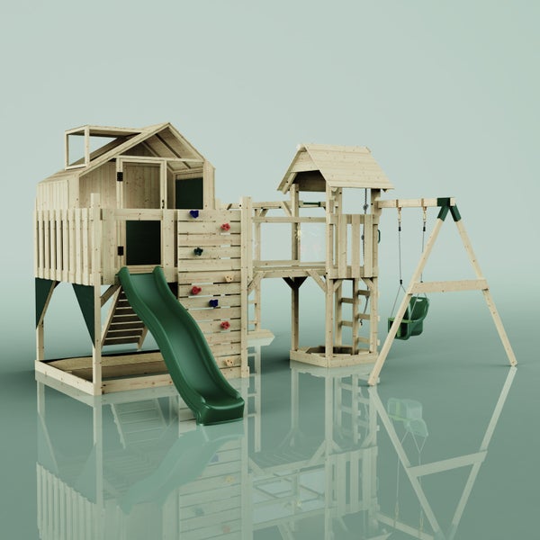 Holzspielplatz mit Rutsche, Schaukel und Kletterwand