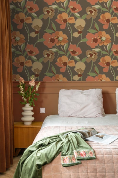ESTAhome Tapete Blumen Orange und Graugrün - 50 x 900 cm - 130990