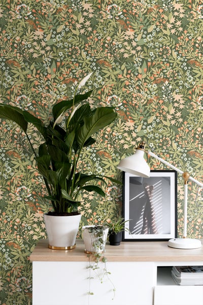 ESTAhome Tapete Feldblumen Grün und Orange - 50 x 900 cm - 131352