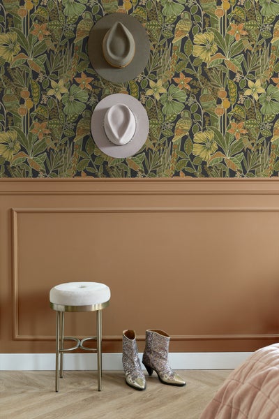 ESTAhome Tapete tropischen Blumen und Paradiesvögeln Olivgrün - 50 x 900 cm - 131160