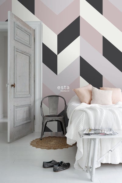 ESTAhome Fototapete Fischgrätmuster Schwarz, Weiß und Altrosa - 150 x 279 cm - 158902
