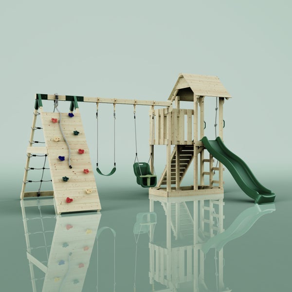 Spielturm aus Holz mit Kletterwand, Schaukeln und Rutsche für den Garten