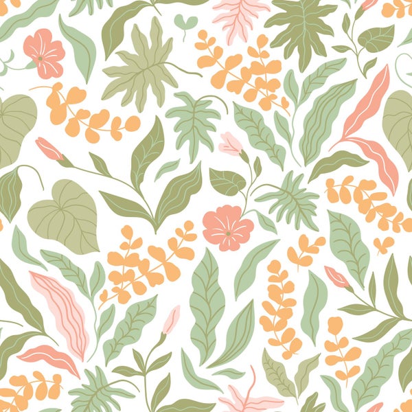ESTAhome Tapete Blätter und Blumen Grün, Rosa und Orange - 50 x 900 cm - 131048