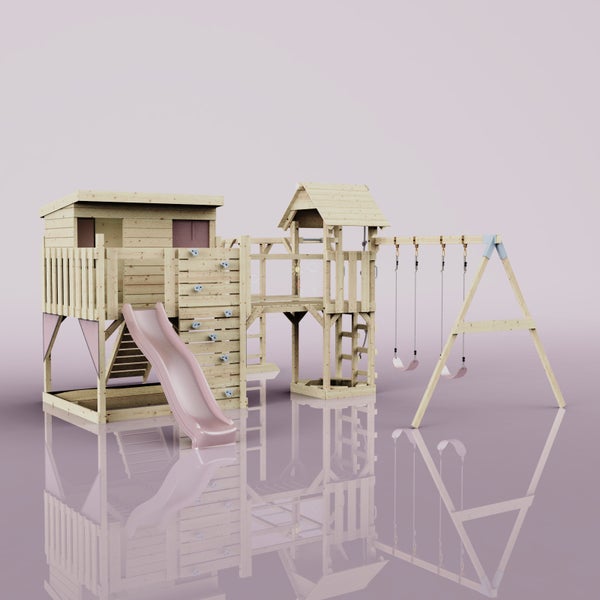 Spielturm aus Holz mit Rutsche, Kletterwand und Schaukel