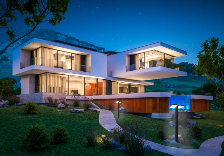 Modernes Haus mit Gartenbeleuchtung und Pool bei Nacht