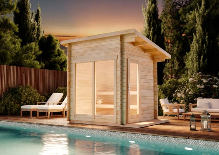 FinnTherm Saunahaus Lizzy XS Gartensauna 2 Sitzbänke aus Holz, Sauna mit 40 mm Wandstärke, Außensauna, Naturbelassen