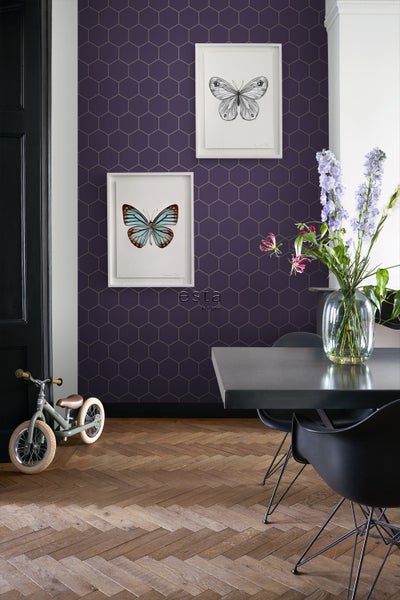 ESTAhome Tapete Wabenmuster Dunkelviolett und Gold - 53 cm x 10.05 m - 139575
