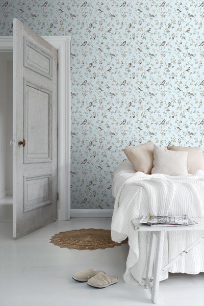 Borastapeter Tapete Blumen und Vögel Graublau - 53 cm x 10.05 m - 660391