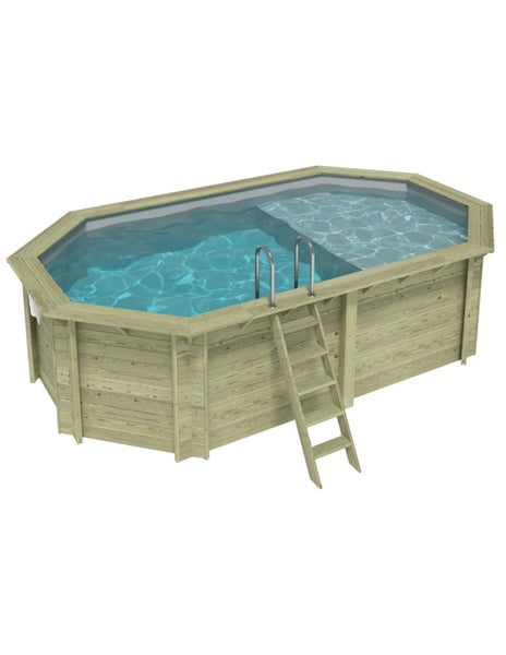 Holzpool mit Leiter und klarem Wasser