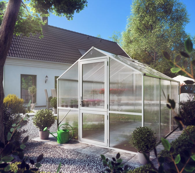 Großes Gewächshaus mit transparenten Hohlkammerplatten und weißem Aluminiumrahmen in einem hellen, organisierten Garten bei einem Wohnhaus.